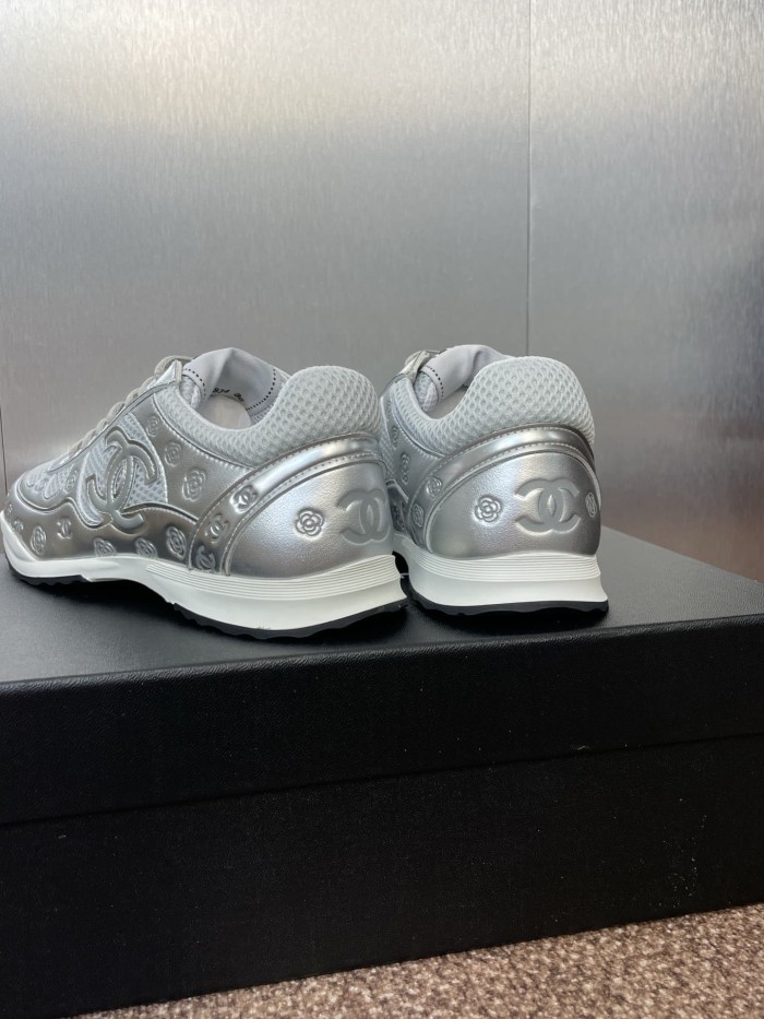 1:1 quality version Camellia CC Logo Print Metallic Leather Mesh Lace Up Low Top Running Sneakers 5 colors 29332747