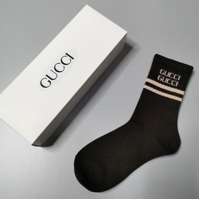 Interlocking GG Milk Coffee Brown White Stripe Thick Cashmere Mid Calf Socks 5 Pairs Per Box 29332326