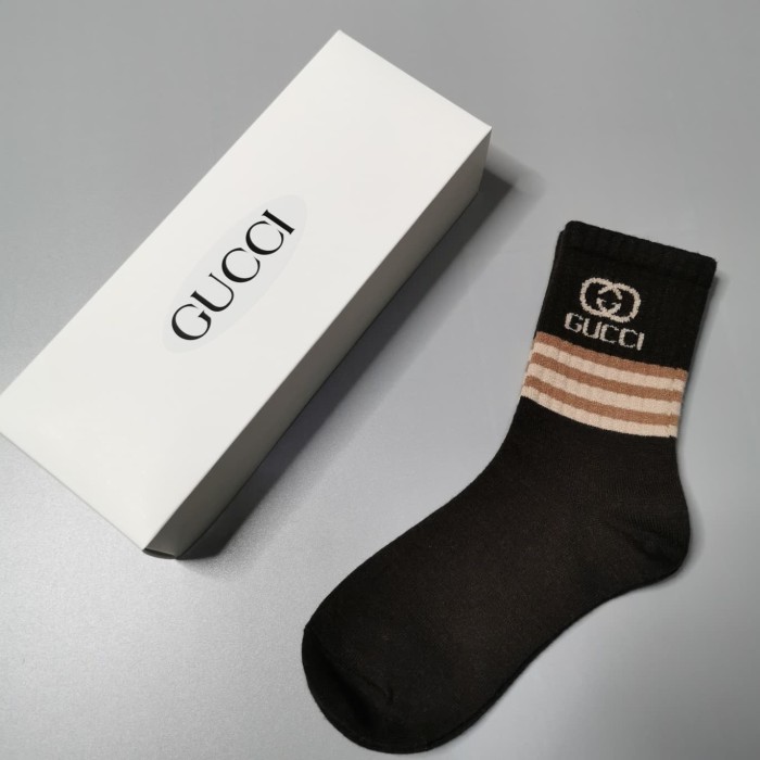 Interlocking GG Milk Coffee Brown White Stripe Thick Cashmere Mid Calf Socks 5 Pairs Per Box 29332326