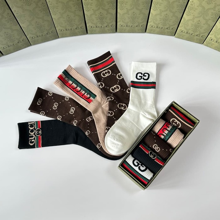 Brown Tone All Over Print Interlocking GG Monogram Slouch Socks 5 Pairs Per Box 29332329