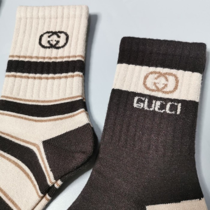 Interlocking GG Milk Coffee Brown White Stripe Thick Cashmere Mid Calf Socks 5 Pairs Per Box 29332326