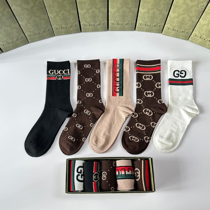 Brown Tone All Over Print Interlocking GG Monogram Slouch Socks 5 Pairs Per Box 29332329