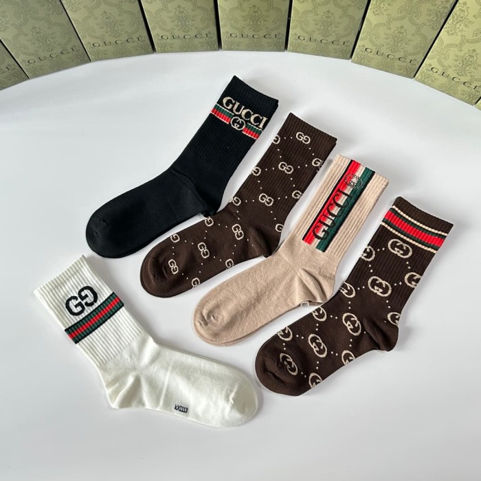 Brown Tone All Over Print Interlocking GG Monogram Slouch Socks 5 Pairs Per Box 29332329
