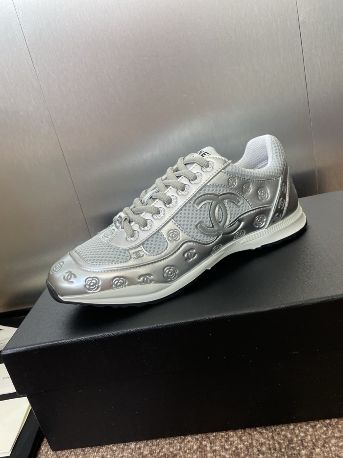 1:1 quality version Camellia CC Logo Print Metallic Leather Mesh Lace Up Low Top Running Sneakers 5 colors 29332747