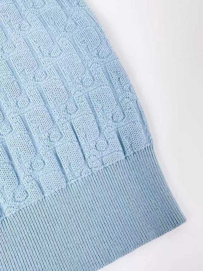 1:1 quality version Full Oblique Jacquard Round Neck Drawstring Metal Pendant Knit Cropped T-shirt 2 colors 29334282