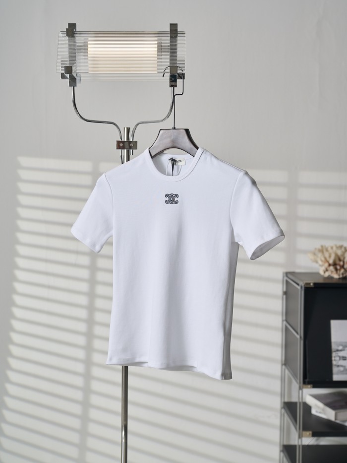 1:1 quality version Classic Triomphe Mini Logo Embroidery Crew Neck Solid Minimal Slim T-shirt 2 colors 29334272