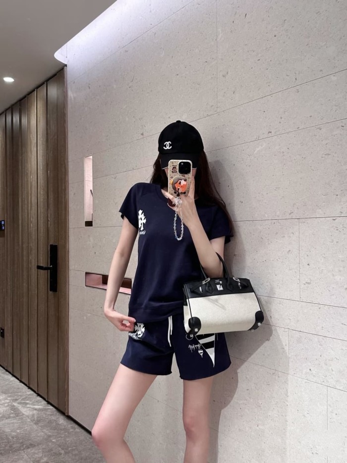 1:1 quality version Sanskrit Cross Graffiti Heart Navy Print Tee & Shorts Set 29334504