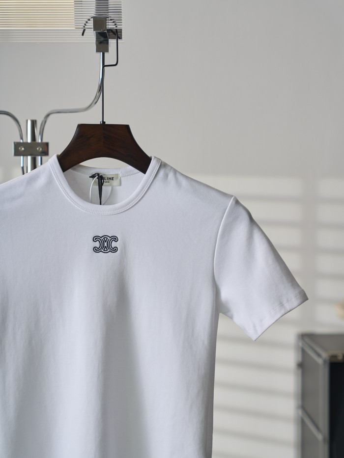 1:1 quality version Classic Triomphe Mini Logo Embroidery Crew Neck Solid Minimal Slim T-shirt 2 colors 29334272
