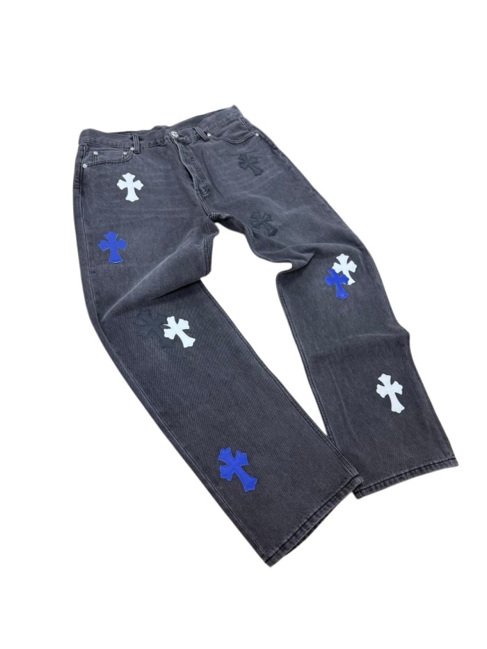 1:1 quality version Black White Blue Cowhide Spliced Black Jeans 29334600
