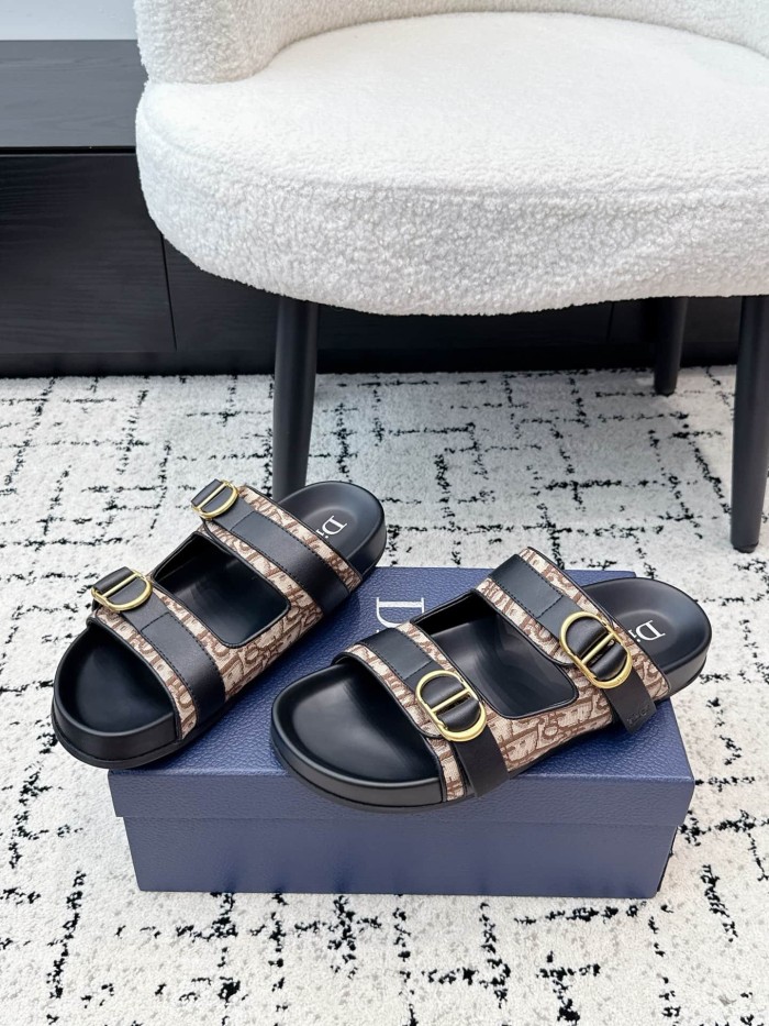 [Plus-size shoes]1:1 quality version All Over Logo Jacquard Fabric Cowhide Double Buckle Open Toe Platform Slide Sandals 6 colors 29334253