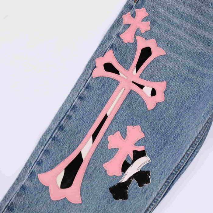 1:1 quality version Pink Imported Cowhide Horsehair Spliced Jeans 29334604