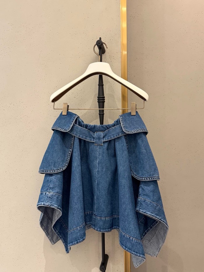 1:1 quality version Wash Blue Denim High Waist Fabric Belt With Ring Buckle Irregular Asym Mini Skirt 29334616