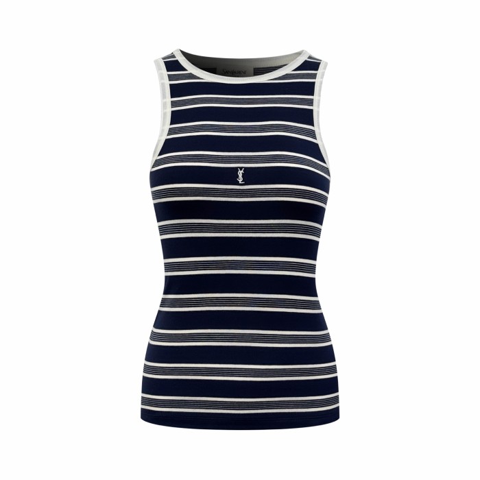1:1 quality version Neck Tank Sleeveless Navy White Thin Horizontal Stripe Chest Embroidered Mini Logo High Elastic Waist Slim Knit Tank Top 29334275
