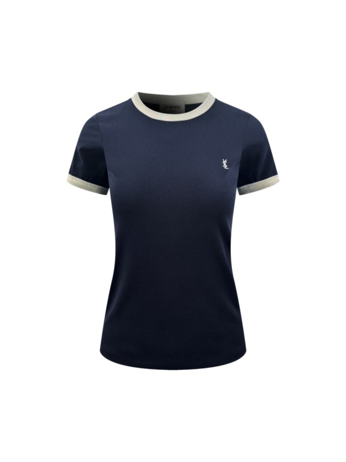 1:1 quality version White Contrast Neck Cuff Trim Crew Neck Left Chest Mini Embroidery Logo High Elastic Waist Slim T-shirt 29334315