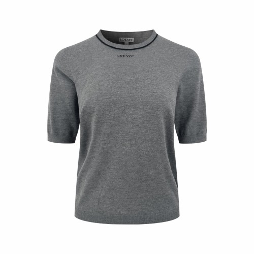 1:1 quality version Thin Black Contrast Crew Neck Half Sleeve Front Tone On Tone Letter Embroidery Ultra Fine Light Knit T-shirt 29334399