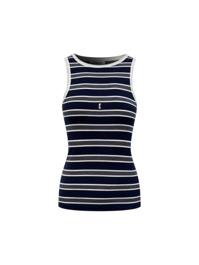 1:1 quality version Neck Tank Sleeveless Navy White Thin Horizontal Stripe Chest Embroidered Mini Logo High Elastic Waist Slim Knit Tank Top 29334275
