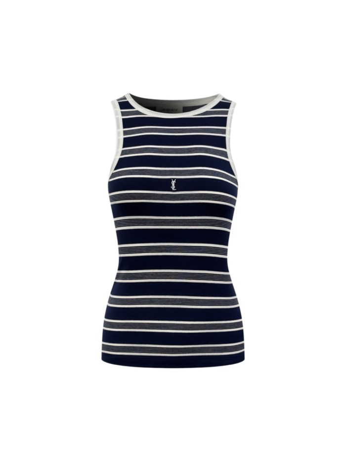 1:1 quality version Neck Tank Sleeveless Navy White Thin Horizontal Stripe Chest Embroidered Mini Logo High Elastic Waist Slim Knit Tank Top 29334275