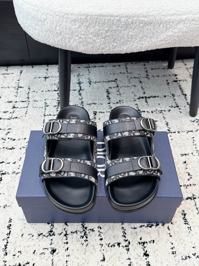 [Plus-size shoes]1:1 quality version All Over Logo Jacquard Fabric Cowhide Double Buckle Open Toe Platform Slide Sandals 6 colors 29334253