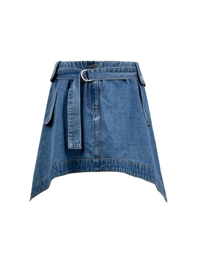 1:1 quality version Wash Blue Denim High Waist Fabric Belt With Ring Buckle Irregular Asym Mini Skirt 29334616