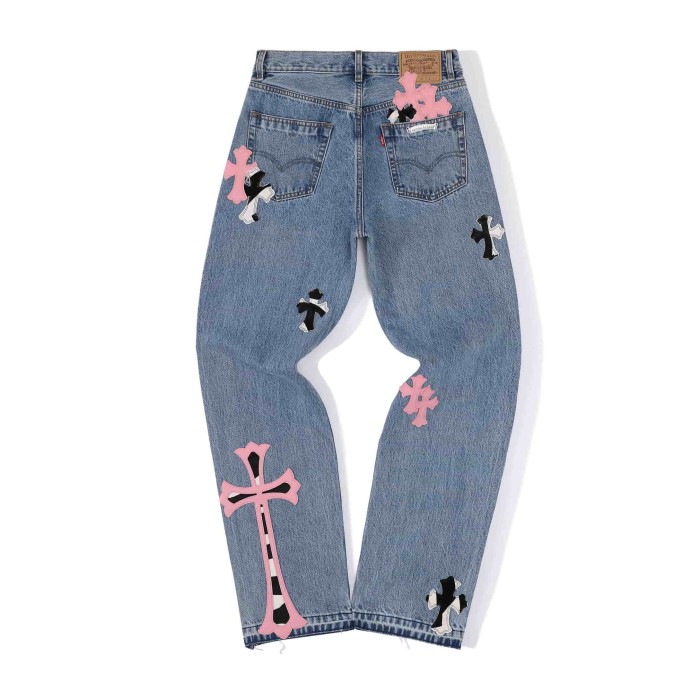 1:1 quality version Pink Imported Cowhide Horsehair Spliced Jeans 29334604