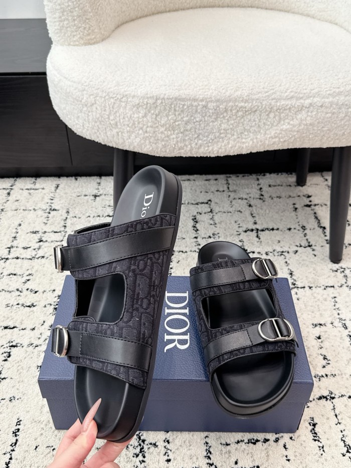 [Plus-size shoes]1:1 quality version All Over Logo Jacquard Fabric Cowhide Double Buckle Open Toe Platform Slide Sandals 6 colors 29334253