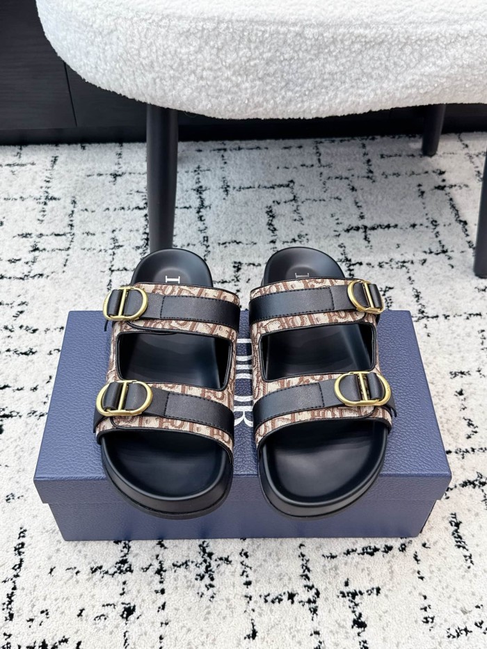 [Plus-size shoes]1:1 quality version All Over Logo Jacquard Fabric Cowhide Double Buckle Open Toe Platform Slide Sandals 6 colors 29334253