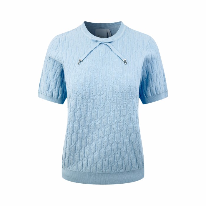 1:1 quality version Full Oblique Jacquard Round Neck Drawstring Metal Pendant Knit Cropped T-shirt 2 colors 29334282