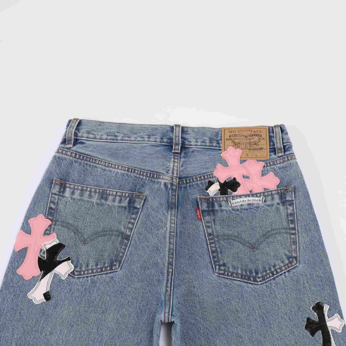 1:1 quality version Pink Imported Cowhide Horsehair Spliced Jeans 29334604