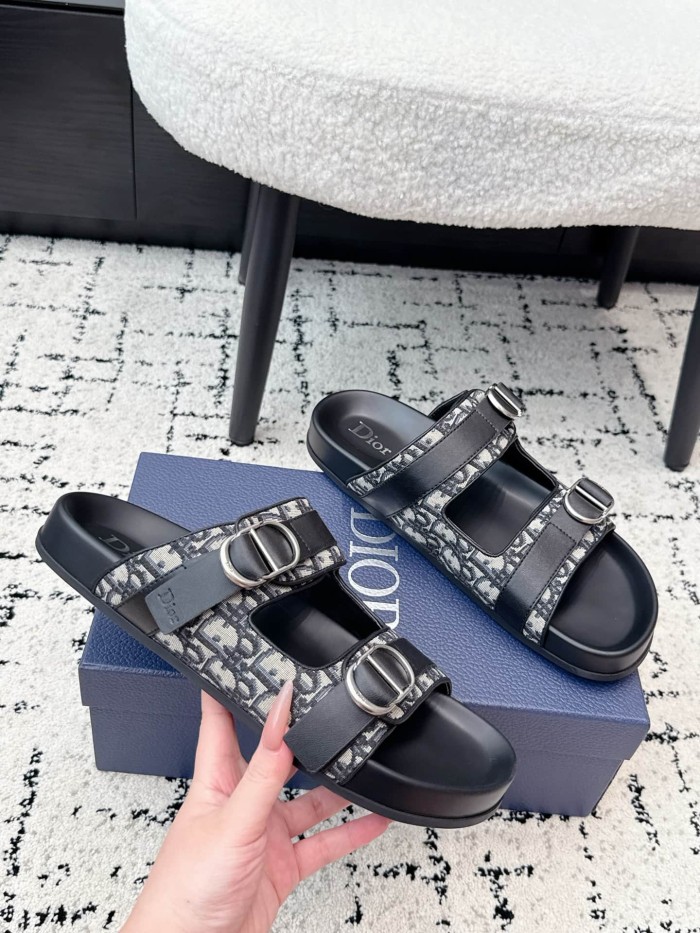 [Plus-size shoes]1:1 quality version All Over Logo Jacquard Fabric Cowhide Double Buckle Open Toe Platform Slide Sandals 6 colors 29334253