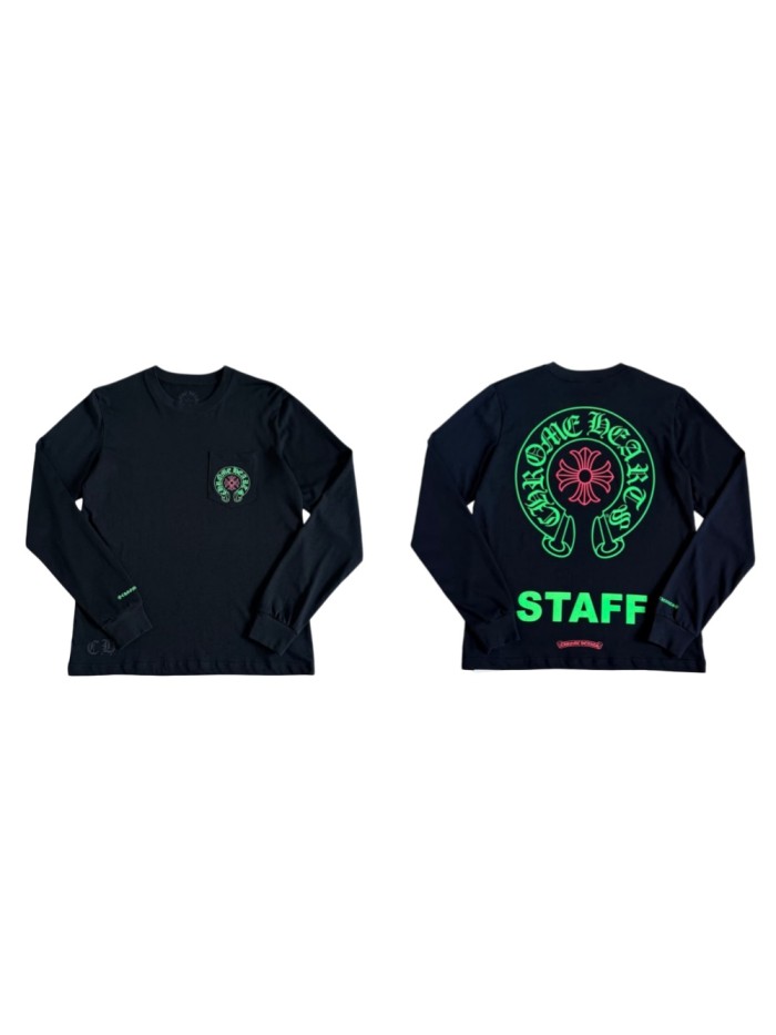 1:1 quality version Back Fluorescent Green Horseshoe STAFF Fluorescent Pink Cross Flower Print Long Sleeve Tee 29334509