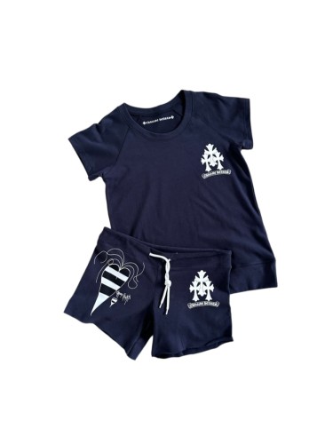 1:1 quality version Sanskrit Cross Graffiti Heart Navy Print Tee & Shorts Set 29334504