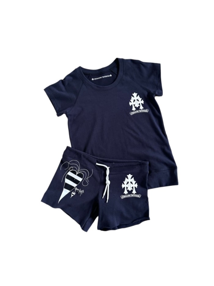 1:1 quality version Sanskrit Cross Graffiti Heart Navy Print Tee & Shorts Set 29334504