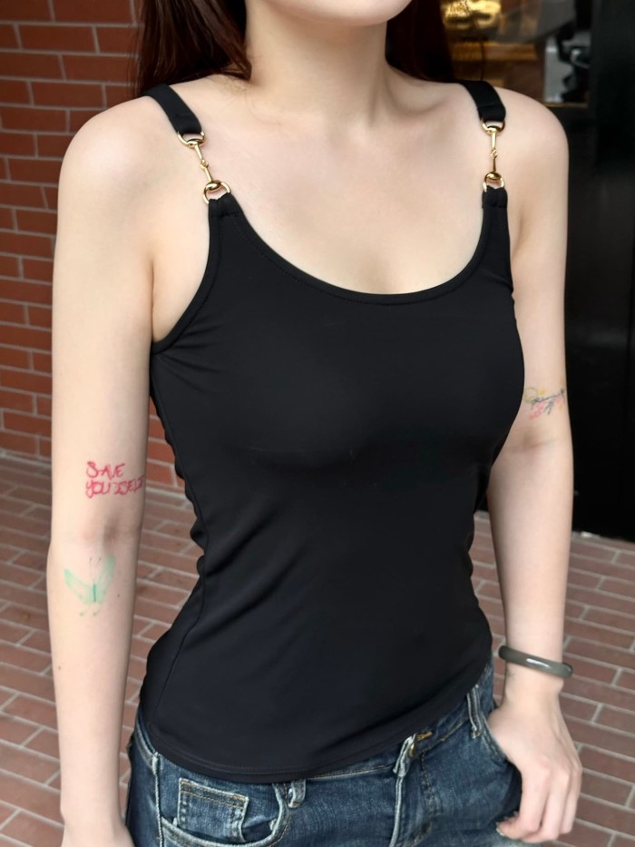 1:1 quality version Gold Slide Buckle Adjustable Thin Strap U Neck Slim Camisole Tank Top 2 colors 29334609
