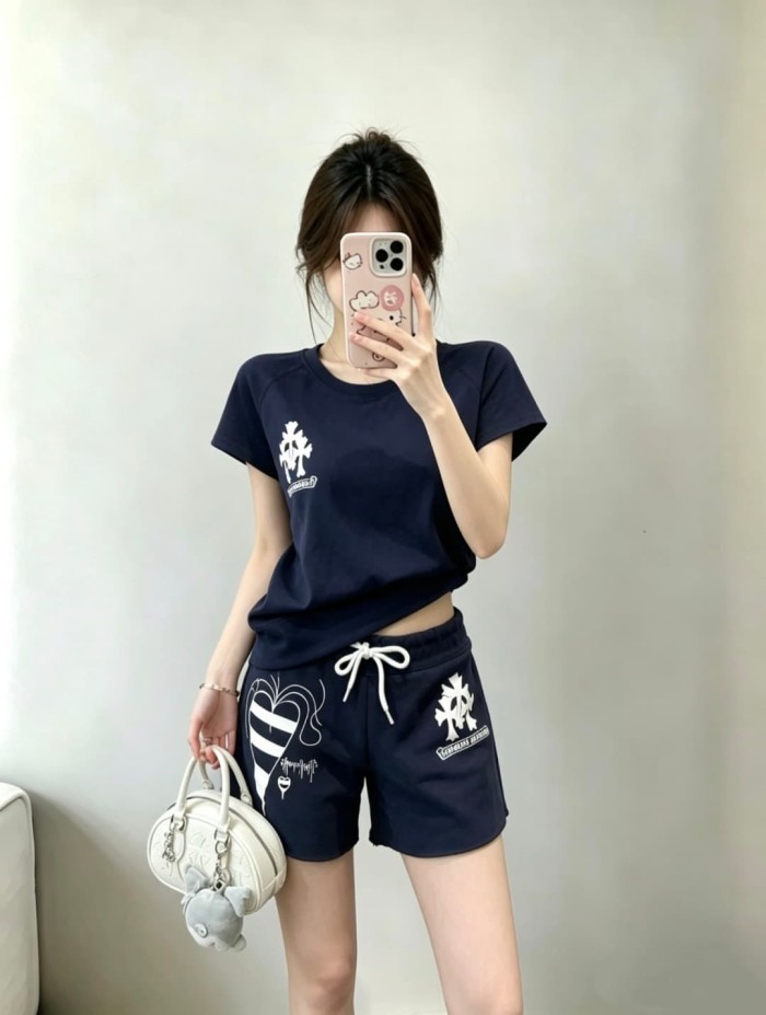 1:1 quality version Sanskrit Cross Graffiti Heart Navy Print Tee & Shorts Set 29334504