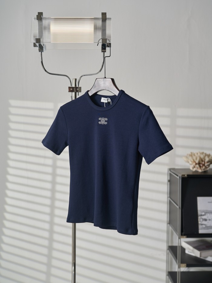 1:1 quality version Classic Triomphe Mini Logo Embroidery Crew Neck Solid Minimal Slim T-shirt 2 colors 29334272