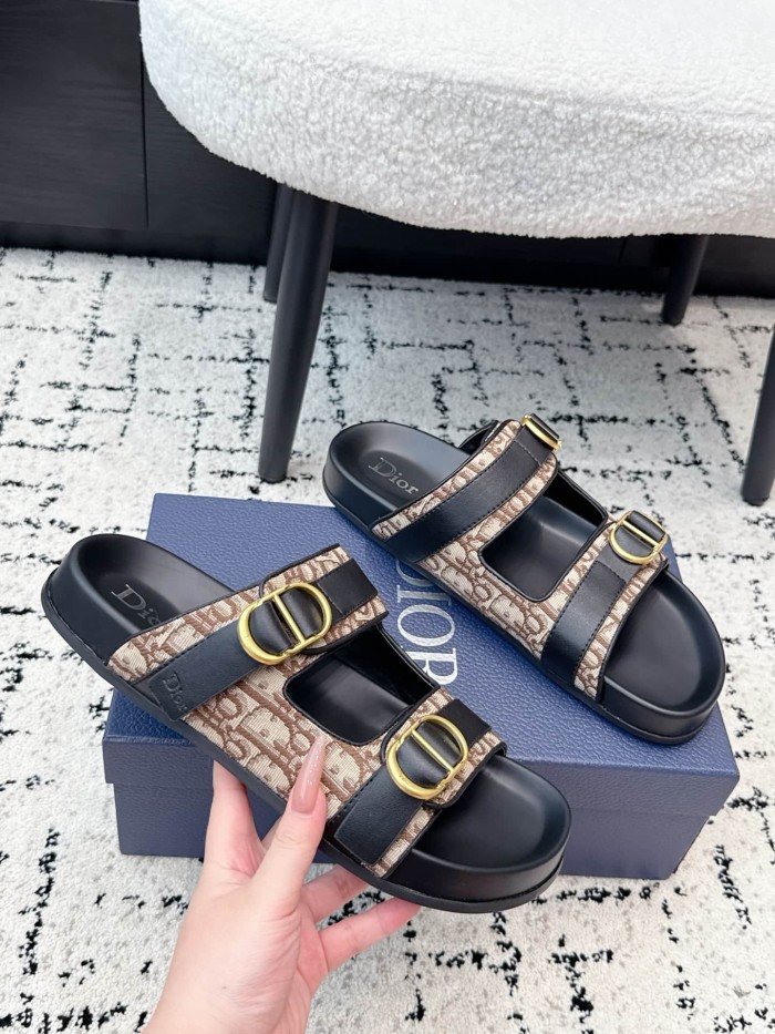 [Plus-size shoes]1:1 quality version All Over Logo Jacquard Fabric Cowhide Double Buckle Open Toe Platform Slide Sandals 6 colors 29334253
