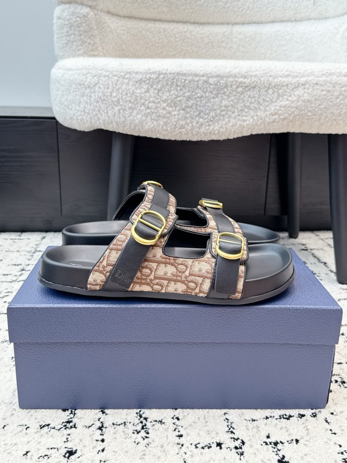 [Plus-size shoes]1:1 quality version All Over Logo Jacquard Fabric Cowhide Double Buckle Open Toe Platform Slide Sandals 6 colors 29334253