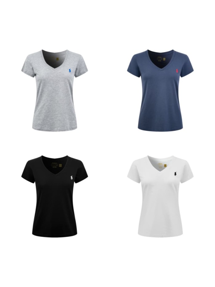 1:1 quality version V Neck Left Chest Contrast Pony Embroidery Slim American Casual Unisex T-shirt 4 colors 29334455
