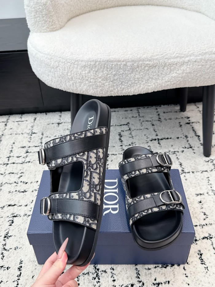 [Plus-size shoes]1:1 quality version All Over Logo Jacquard Fabric Cowhide Double Buckle Open Toe Platform Slide Sandals 6 colors 29334253