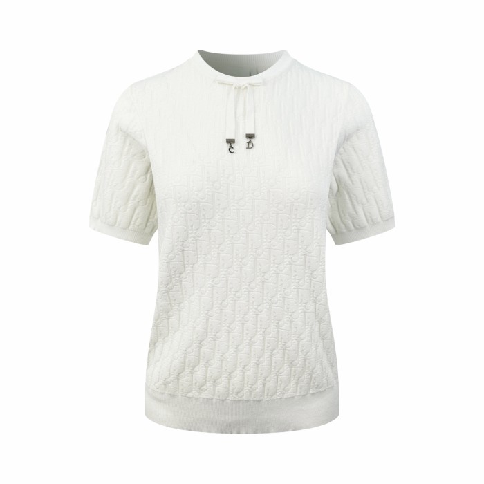 1:1 quality version Full Oblique Jacquard Round Neck Drawstring Metal Pendant Knit Cropped T-shirt 2 colors 29334282