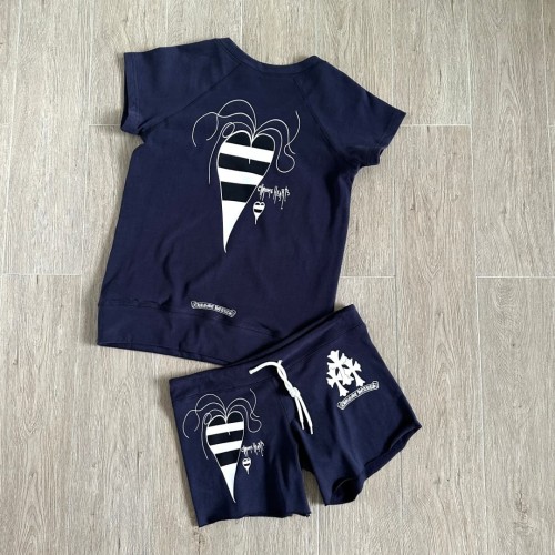 1:1 quality version Sanskrit Cross Graffiti Heart Navy Print Tee & Shorts Set 29334504