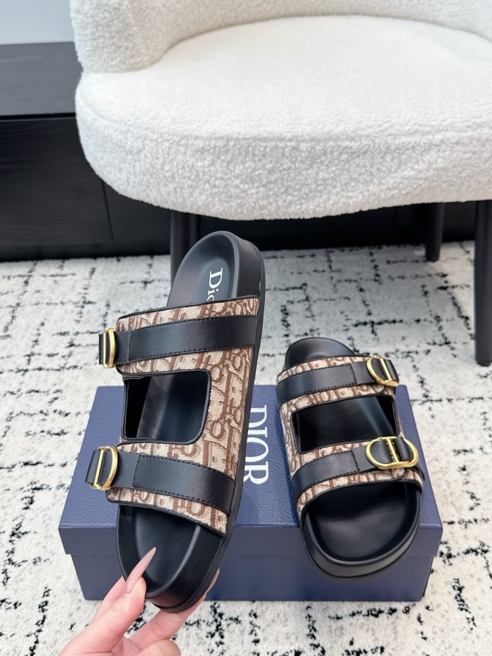 [Plus-size shoes]1:1 quality version All Over Logo Jacquard Fabric Cowhide Double Buckle Open Toe Platform Slide Sandals 6 colors 29334253