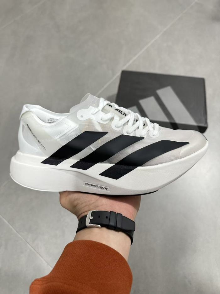 Adizero Adios Pro Evo 1 Transparent Tulle Mesh Upper Solid Black Oversized Three Stripes Marathon Running Sneakers 29336033