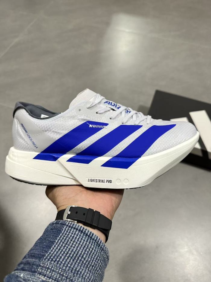 Adios Pro 4 LIGHTSTRIKE PROCONTINENTALTM White Blue Contrast Color Large Three Stripes Marathon Running Sneakers 29336008