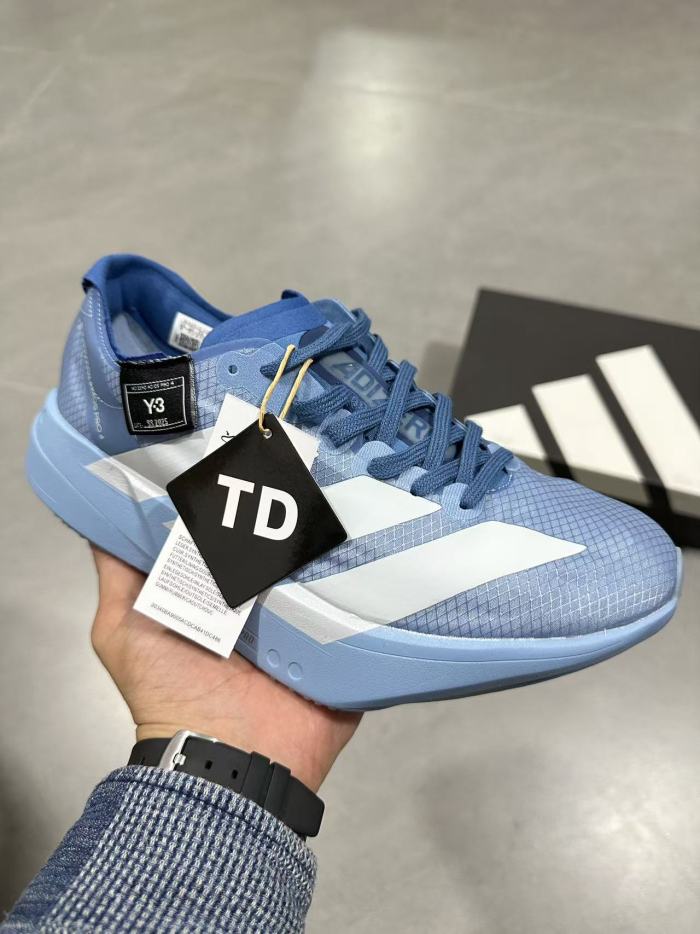 Y-3 Adios Pro 4.0 Lightlock Light Blue Mesh Upper White Distressed Three Stripes Running Sneakers 29336024