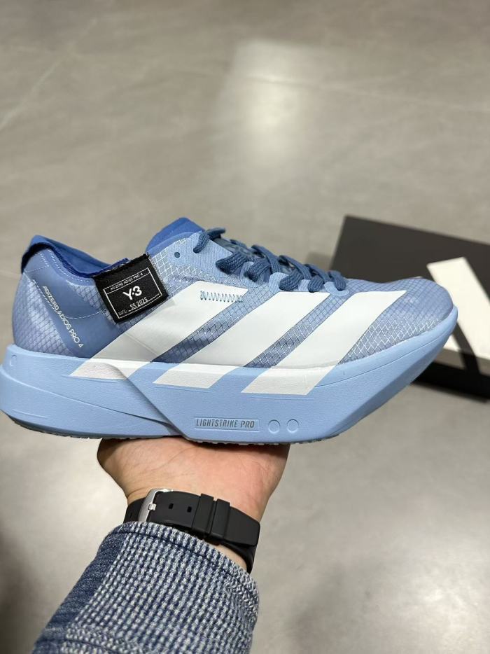 Y-3 Adios Pro 4.0 Lightlock Light Blue Mesh Upper White Distressed Three Stripes Running Sneakers 29336024