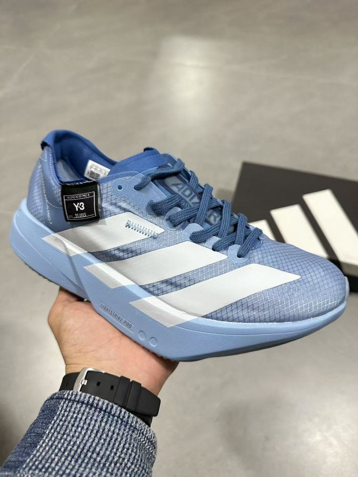 Y-3 Adios Pro 4.0 Lightlock Light Blue Mesh Upper White Distressed Three Stripes Running Sneakers 29336024