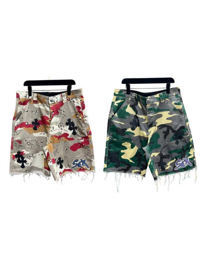 1:1 quality version Distressed Frayed Camo Cross Leather Patch Cargo Shorts 2 colors 29340825