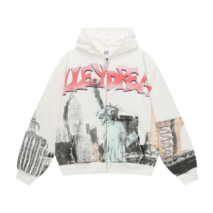 Statue Of Liberty Sculpture Zip Print Washed Hoodie 29344091