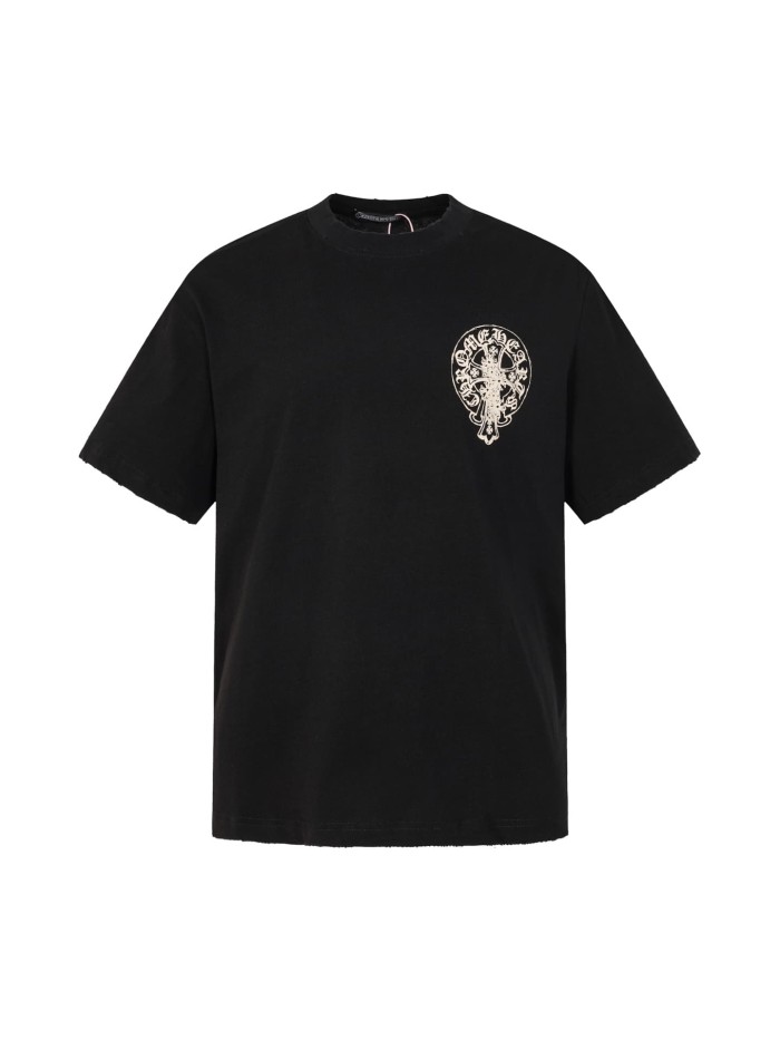 1:1 quality version Vintage Distressed Gothic Street Front Small White Oval Cross Floral Chest Print Back Large Circular Cross Floral Gothic Letter Graphic T-shirt 2 colors 29366184